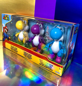 2022 JAKKS Pacific Super Mario Yoshi Figure 3-Pack — Yellow, Purple, Light-Blue
